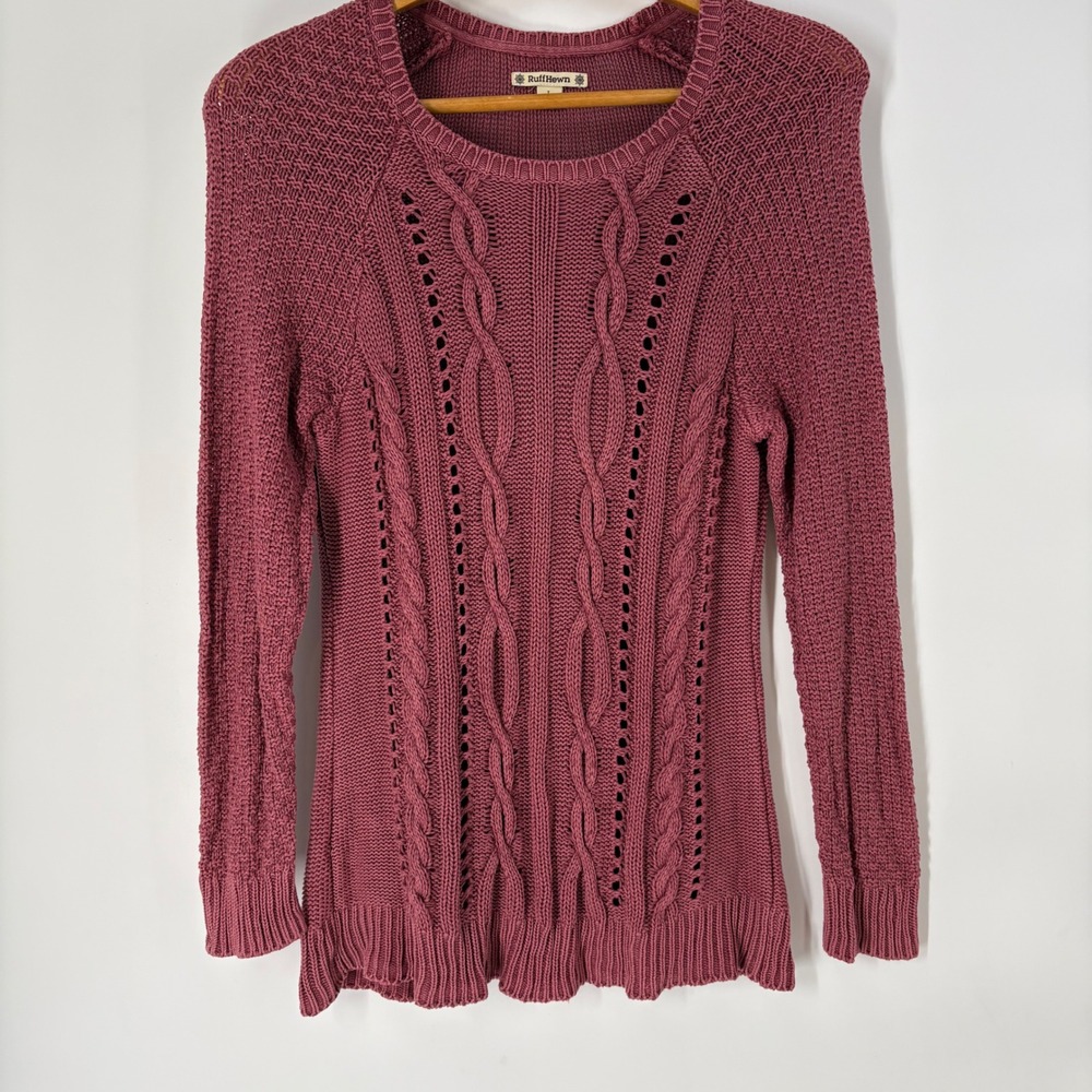RuffHewn Womens Fisherman  Rose Cable Knit 100% Cotton Long Sleeve Sweater L‎